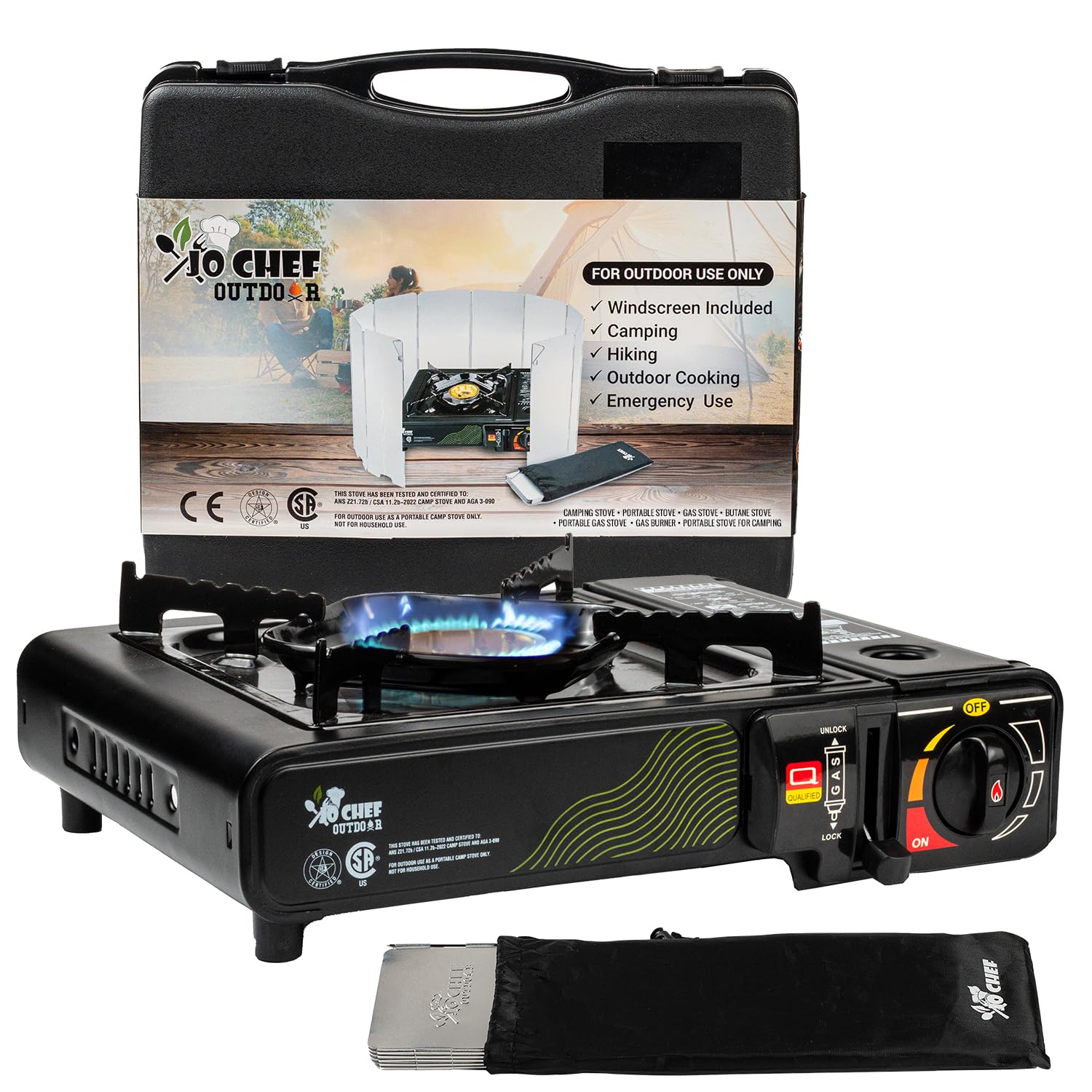 Jo Chef Butane Camping Stove - 9,500 BTU Portable Gas Stove for Camping/Road Trips with Windshield, CSA Certified, Brass Burner, Fast Heat Up Time