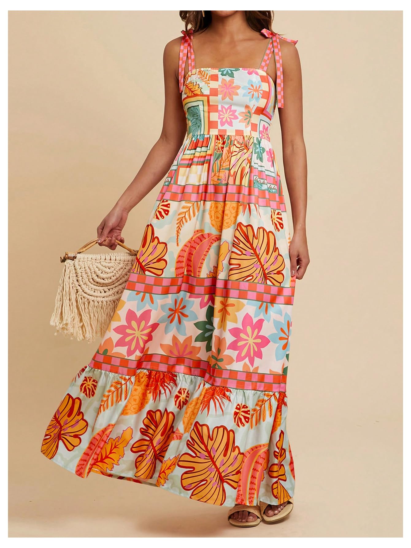 WDIRARA Women's Boho Floral Sleeveless Ruffle Maxi Dress Tropical Graphic Tie Shoulder Smocked Cami Dresses Multicolor Orange Small