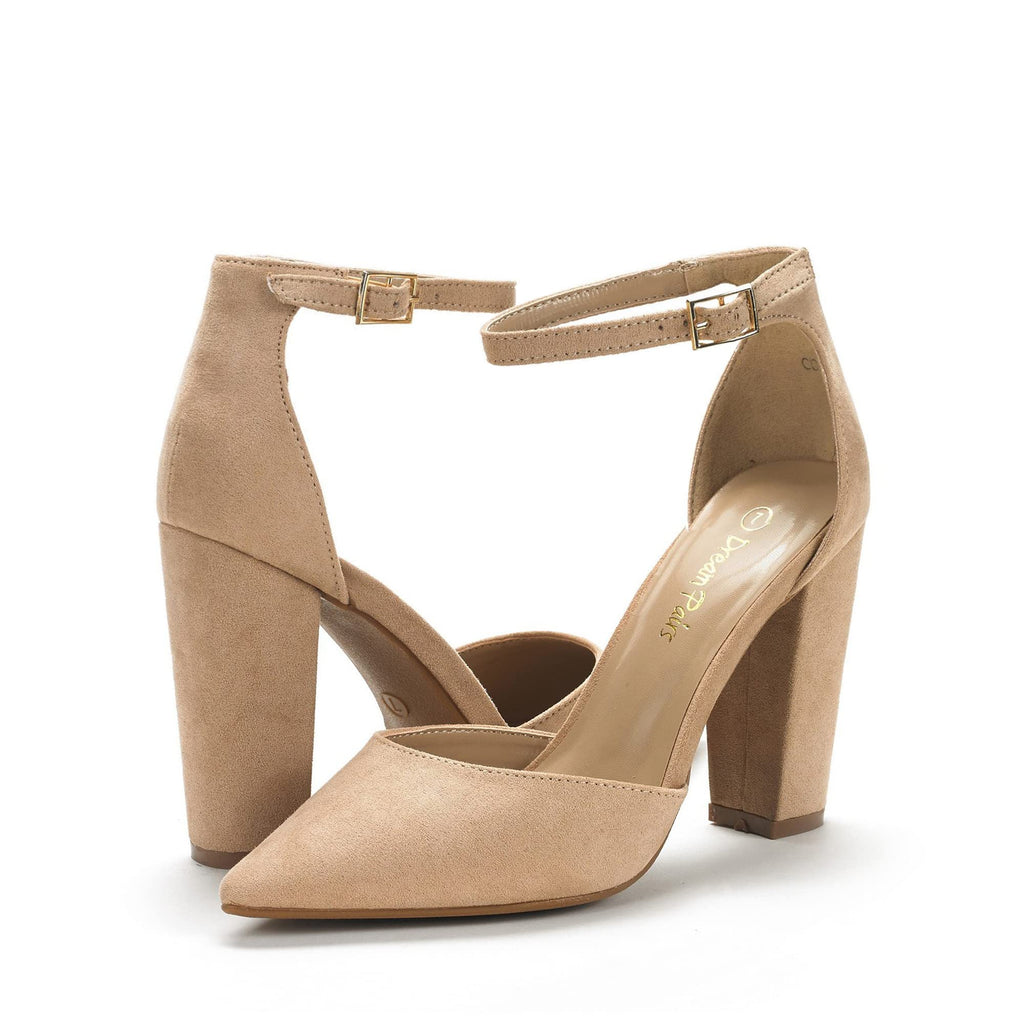 DREAM PAIRS Women's Coco High Heels Chunky Block Pumps Pointed Closed Toe Ankle Strap Dress Shoes,Size 10,Nude/Suede,Coco