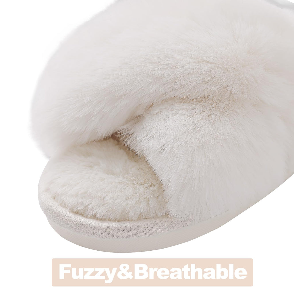 Evshine Women's Fuzzy Slippers Cross Band Memory Foam House Slippers Open Toe Indoor Outdoor Shoes, White, 40-41 (Size 8.5-9.5)