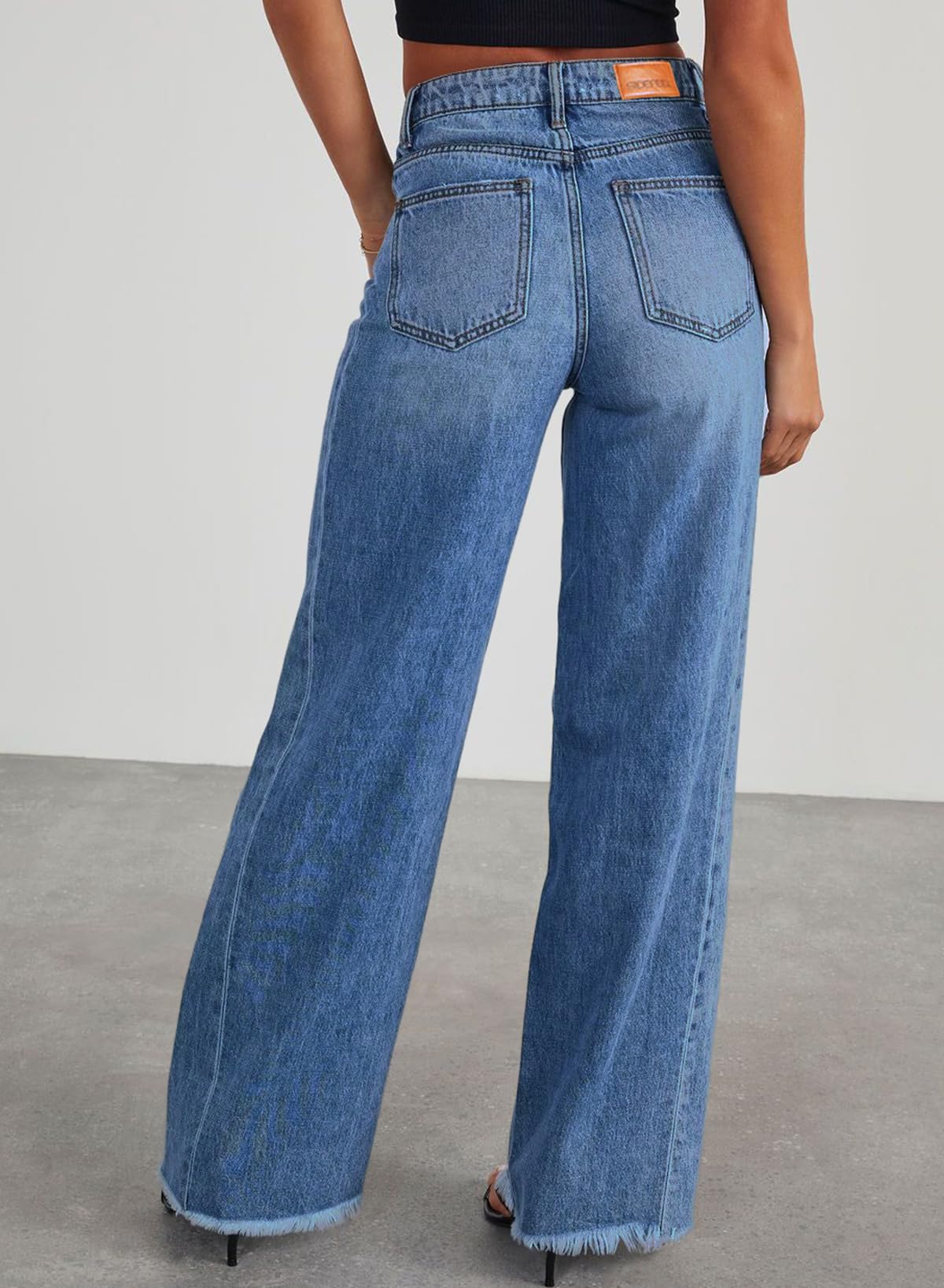 Sidefeel Women's Wide Leg Jeans High Waisted Stretchy Raw Hem Denim Pants Size 16 Blue
