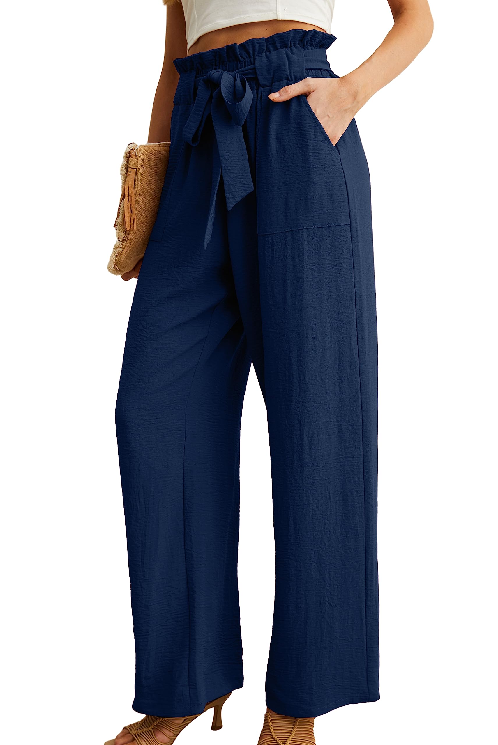 IWOLLENCE Women's Wide Leg Pants with Pockets High Waist Adjustable Knot Loose Casual Trousers Business Work Casual Pants Dark Blue XX-Large
