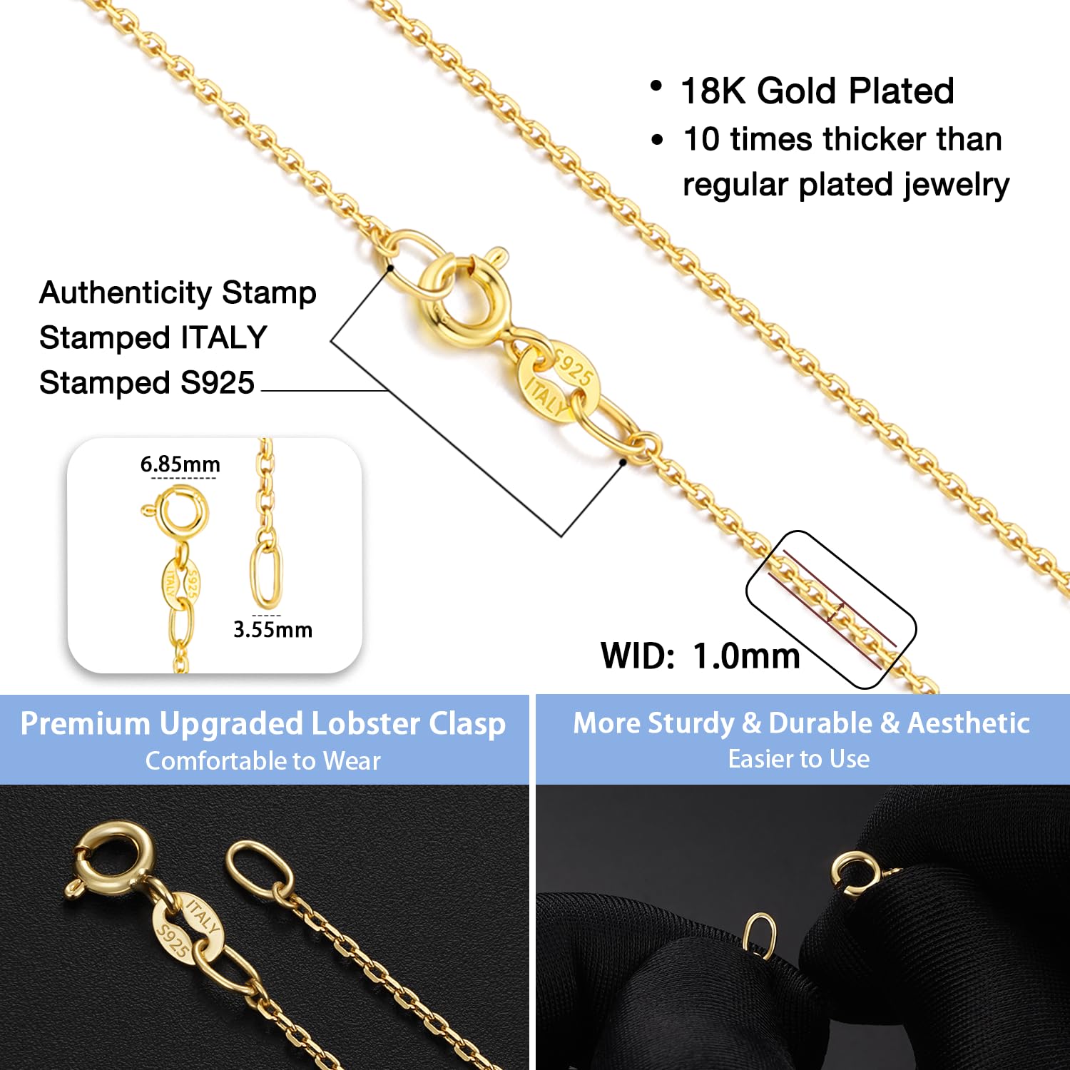 Jewlpire 18K Gold Plated Chain Necklace for Women, 1mm Cable Chain 18K Gold Plated Chain for Women Sturdy & Shiny Women's Chains Necklaces, Necklace Chains 22 Inch