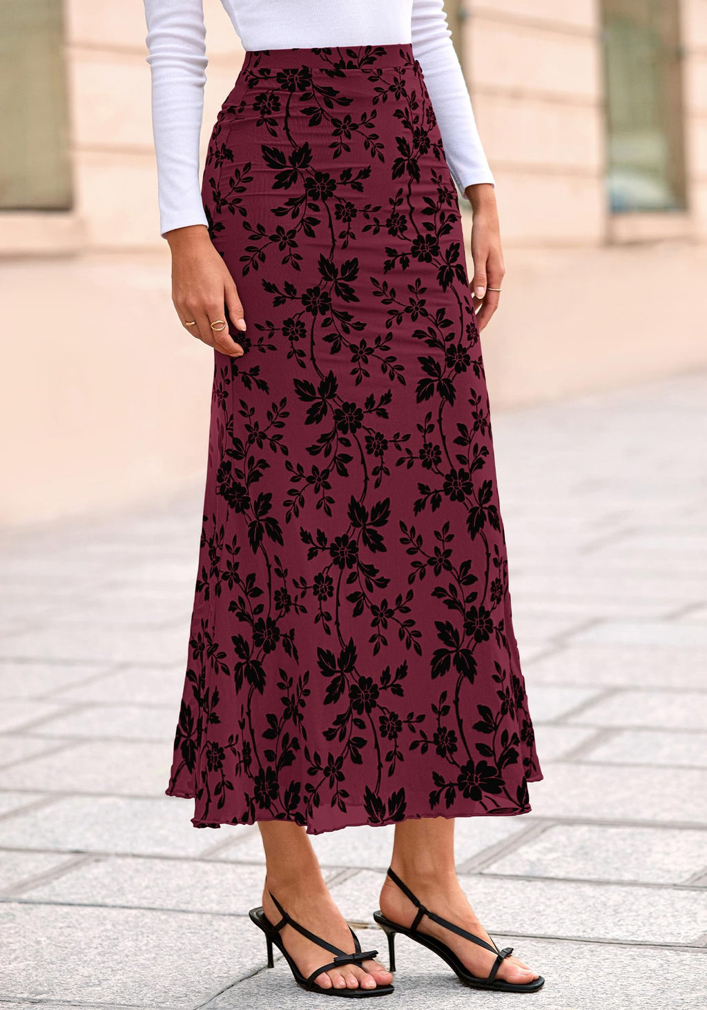 BTFBM Womens Floral Mesh Maxi Skirt 2026 Spring Summer Elastic High Waisted Boho Elegant Mermaid Long Skirts for Women(Burgundy, Medium)