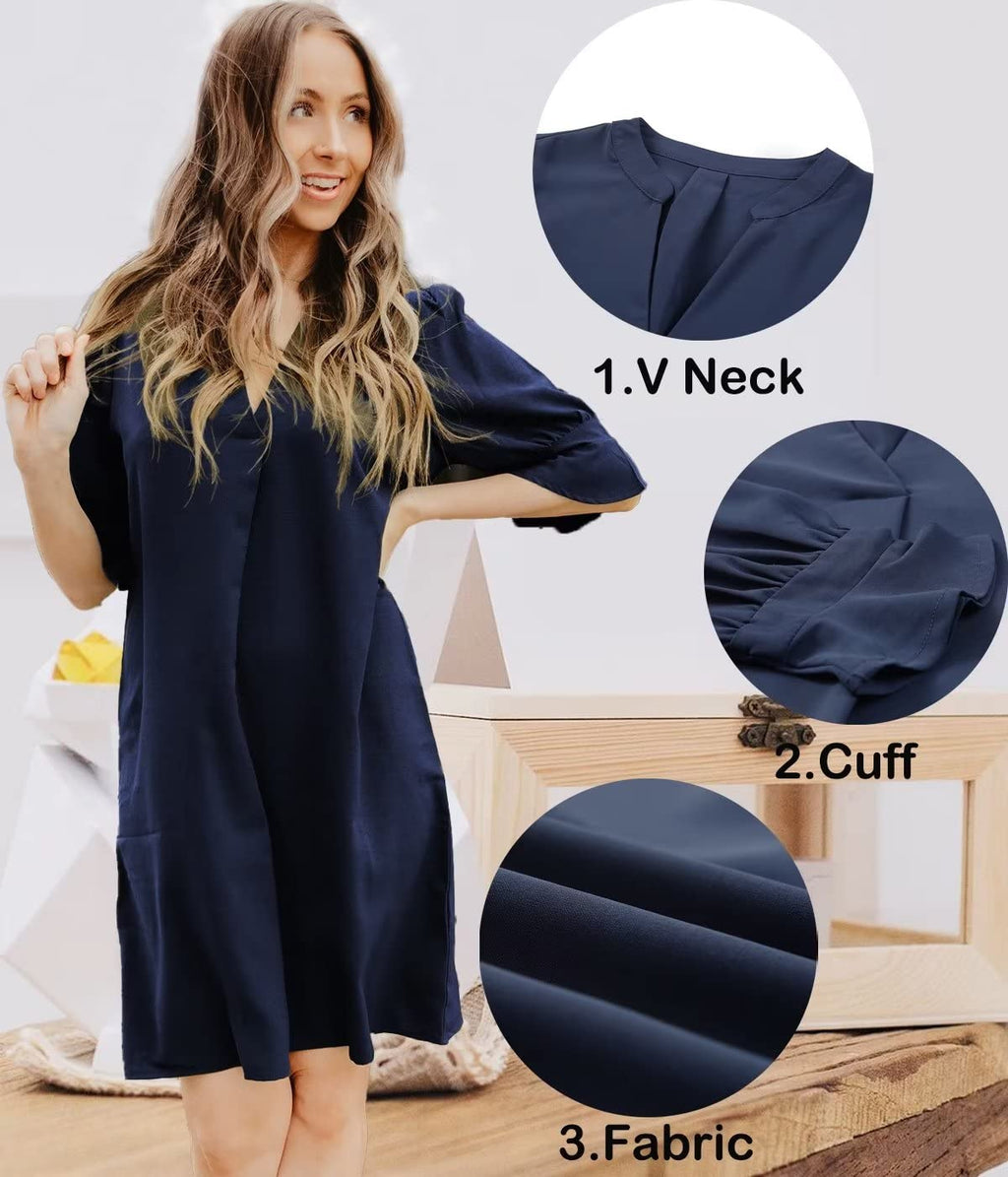 QACOHU Summer Dresses for Womens 2026 V-Neck Short Sleeve Breathable Soft Skin-Friendly Comfortable Tunic Dress Blue L