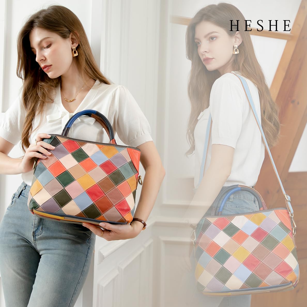 HESHE Leather Hanbags for Women Colorful Tote Purse Large Hobo Shoulder Bag