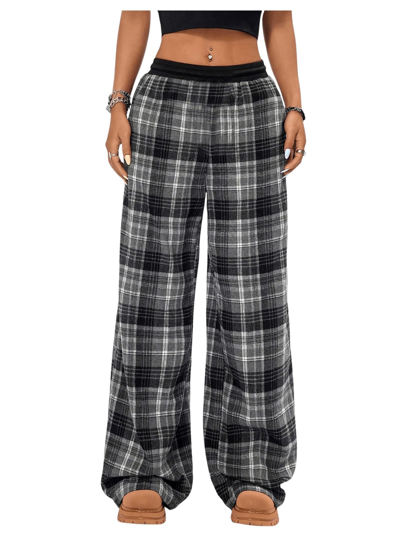 WDIRARA Girl's Plaid Elastic Waist Pants Wide Leg Long Baggy Pants with Pockets Dark Grey 9Y