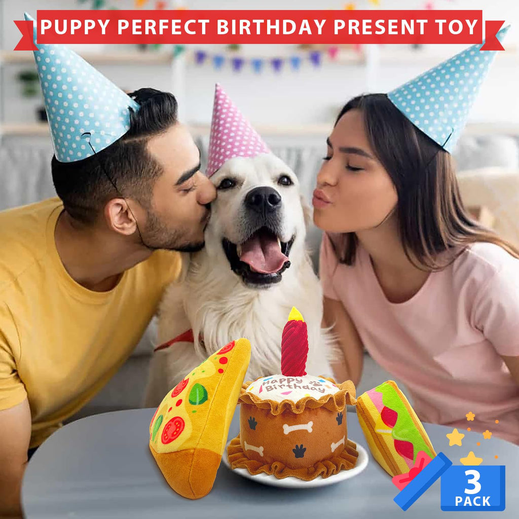 CneeeeeB Birthday Dog Toys Crinkle Dog Toy Squeak Cake Toy Aggressive chew Toys for Puppy Sandwiches Pizza Party Dog Toy Interactive Birthday Toy with 3 Pack for Dog Birthday