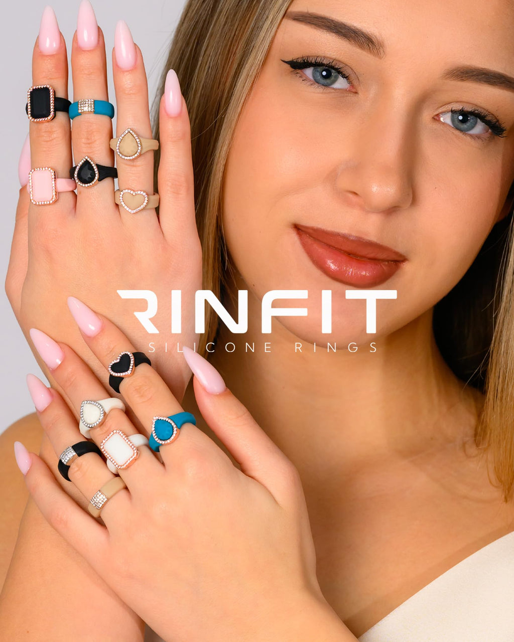 Rinfit Women's Silicone Wedding Band with Stones - Heart Ring with Cubic Zirconia - Black/Silver, Size 8