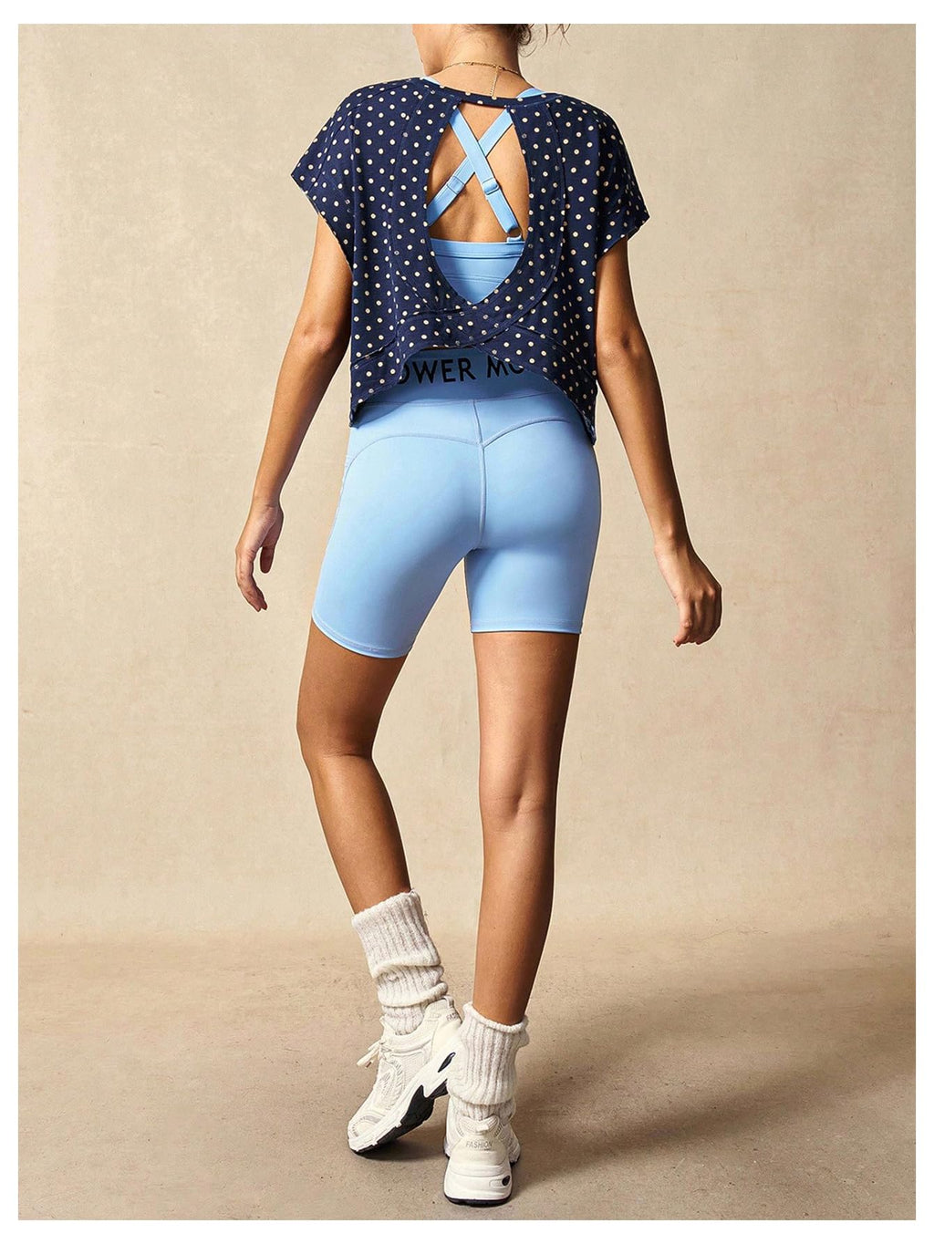 WDIRARA Women's Polka Dots Open Back Workout Tee Shirt Short Sleeve Athletic Shirts Running Gym Yoga Tops Dark Blue Small