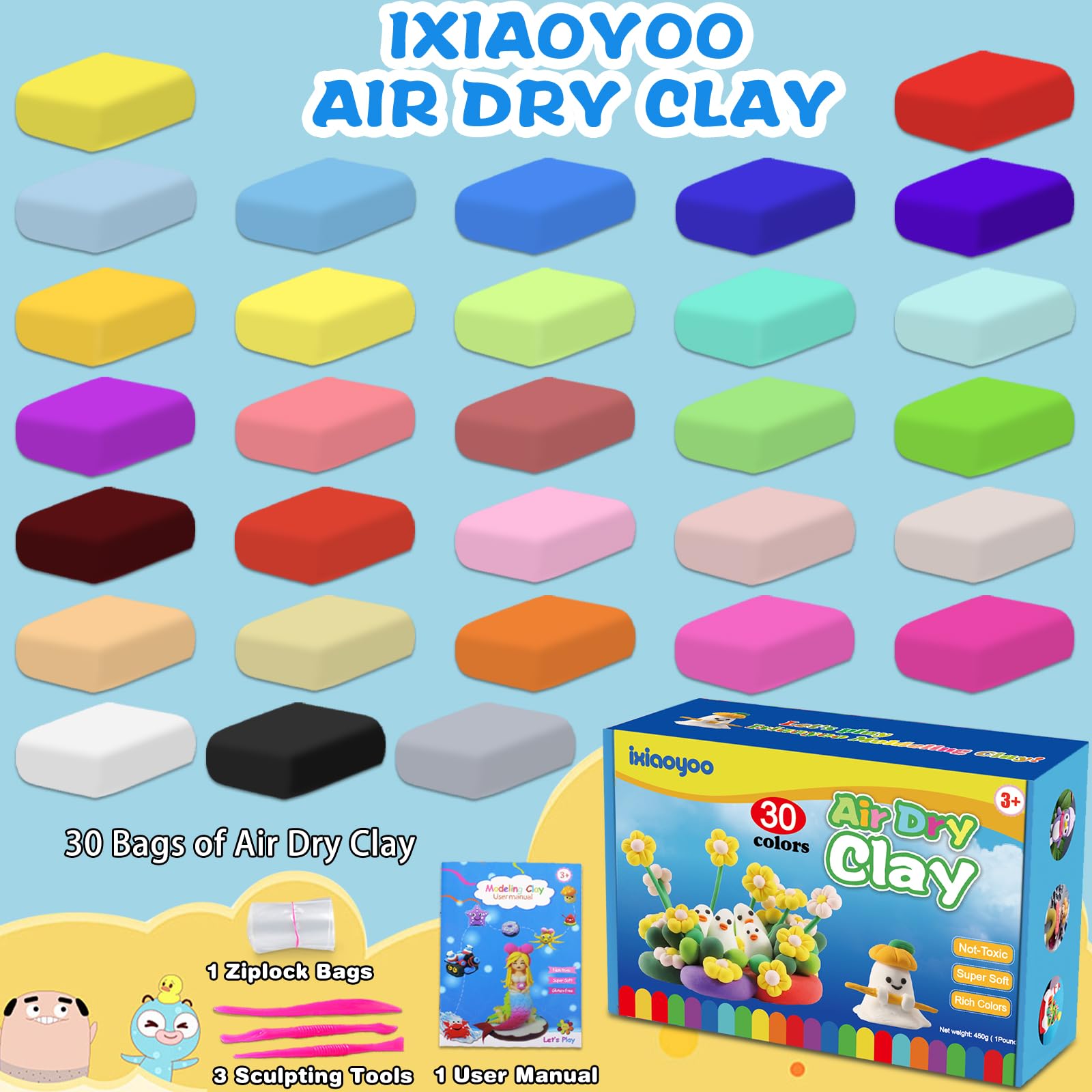 Ixiaoyoo Air Dry Clay, 30 Colors Modeling Clay for Kids, DIY Model Toys with Sculpting Tools, Soft & Non-Sticky, Home Party Favors, Birthday & Christmas Gifts for Age 3-12 Years Old Boys Girls Kids