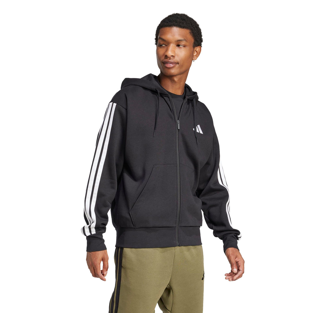 adidas Men's Essentials 3-Stripes Fleece Full-Zip Hooded Track Top, Black/White, Large