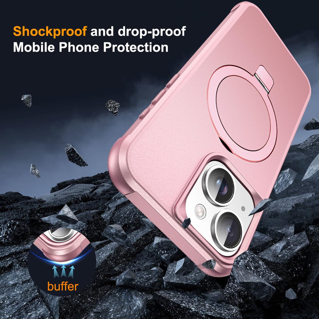 SKYLMW Compatible with iPhone 13 Case & iPhone 14 Case with Invisible Magnetic O-Ring Stand Phone Cases for 13 & 14 6.1" [Compatible with Mag-Safe][Great Grip Feeling], Rose Gold