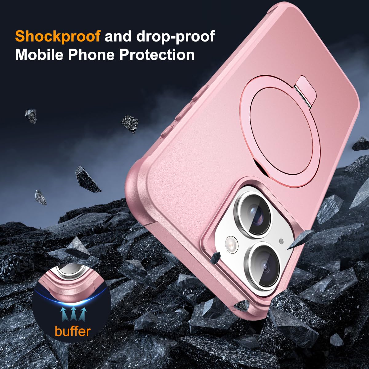 SKYLMW Compatible with iPhone 13 Case & iPhone 14 Case with Invisible Magnetic O-Ring Stand Phone Cases for 13 & 14 6.1" [Compatible with Mag-Safe][Great Grip Feeling], Rose Gold