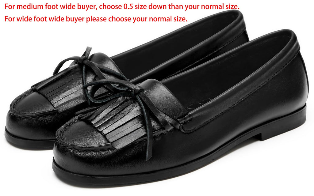 Journey West Women's Comfortable Soft Sheepskin Leather Loafers, Lightweight Tassel & Bow Slip On Flats, Premium Business Casual Driving Shoes Black US 9.5
