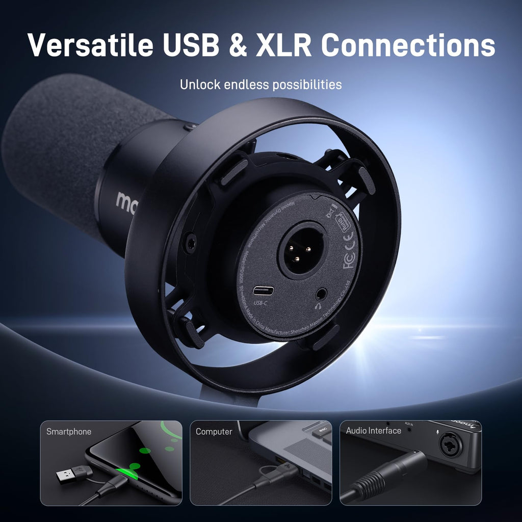 MAONO Dynamic Microphone-XLR USB Podcast Recording Mic: for Vocal Recording, Content Creation, Home Studio, Voiceover, with 192kHz/24bit, Noise Reduction, Mic Gain, Monitoring, Mute (PD300X)