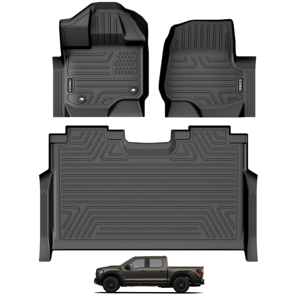 CROVECO Floor Mats for Ford F150 2015-2026 SuperCrew Cab (Includes 2022-2025 Lightning) w/o Fold Flat Storage Carpet Floor TPE All Weather Cargo Liner 1st & 2nd Row Floor Liners, 3pcs Black