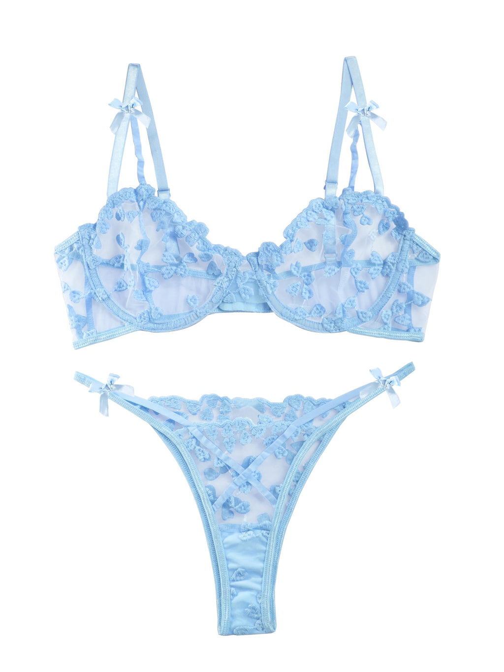 Lilosy Sexy Cute Underwire Push Up Strappy Heart Embroidered Mesh Sheer Lingerie Set for Women Bachelorette See Through Bra and Panty 2 Piece Bow Light Blue Small