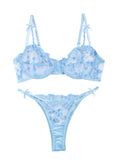 Lilosy Sexy Cute Underwire Push Up Strappy Heart Embroidered Mesh Sheer Lingerie Set for Women Bachelorette See Through Bra and Panty 2 Piece Bow Light Blue Small