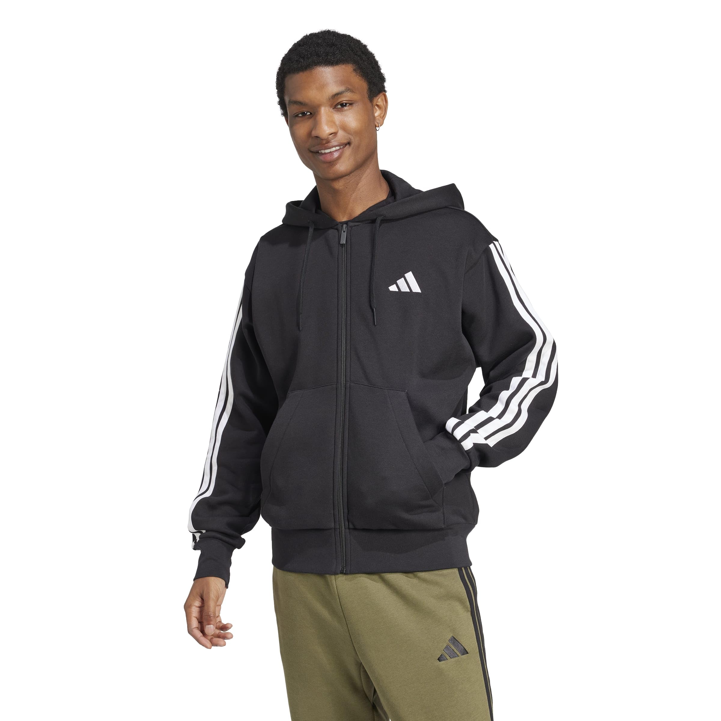 adidas Men's Essentials 3-Stripes Fleece Full-Zip Hooded Track Top, Black/White, Large
