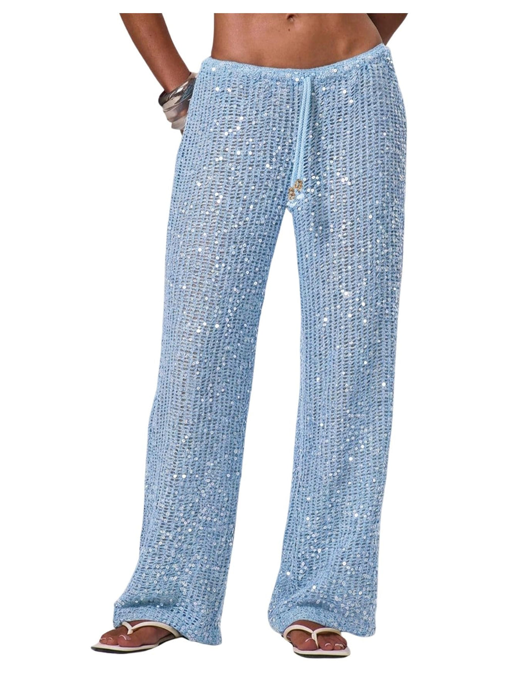 WDIRARA Women's Sequin Crochet Cover Up Pants Hollow Out Beach Pants Swimwear Light Blue Large