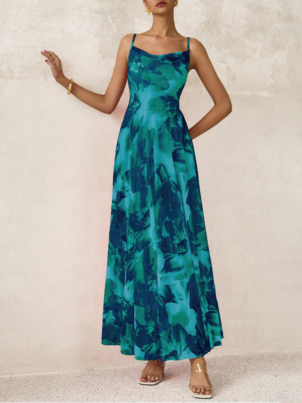 BTFBM Women Summer Floral Maxi Dresses Elegant Spaghetti Strap Dress Printed Party Dress Beach Long Dresses(Floral Lake Blue,Large)