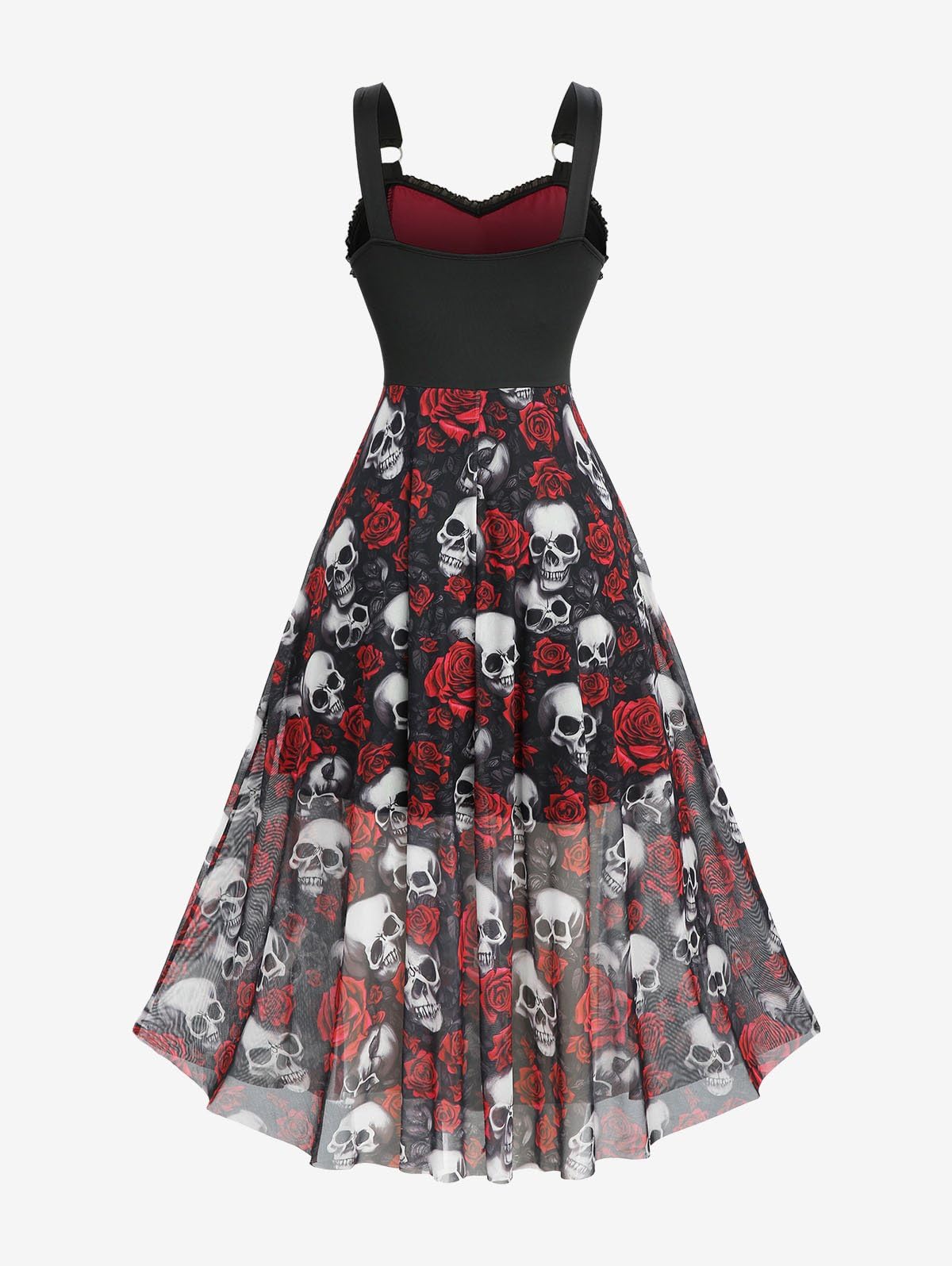 Rosegal Plus Size Gothic Dress for Women Halloween Costume Dress Skull Rose Print Mesh Maxi Tank Goth Swing Dresses Witchy Costume Vampire Dresses with Pockets(Red/1X)