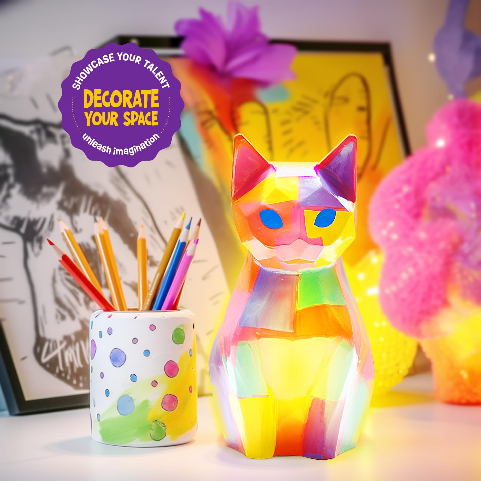 Paint Your Own Cat Lamp Kit, Arts and Crafts for Kids Ages 8-12, Art Supplies Painting kit for Kids 6-12, Cat Night Light Toys Girls Boy Birthday Christmas Gifts for Kid Ages 3 4 5 6 7 8 9 10 11 12+