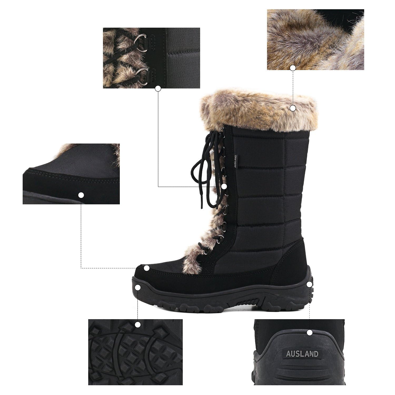 AUSLAND Women's Black Winter Snow Boots Twin Peaks Fur Cuff Mid-Calf Waterproof Lace Up Boots E7623 8US/39EU