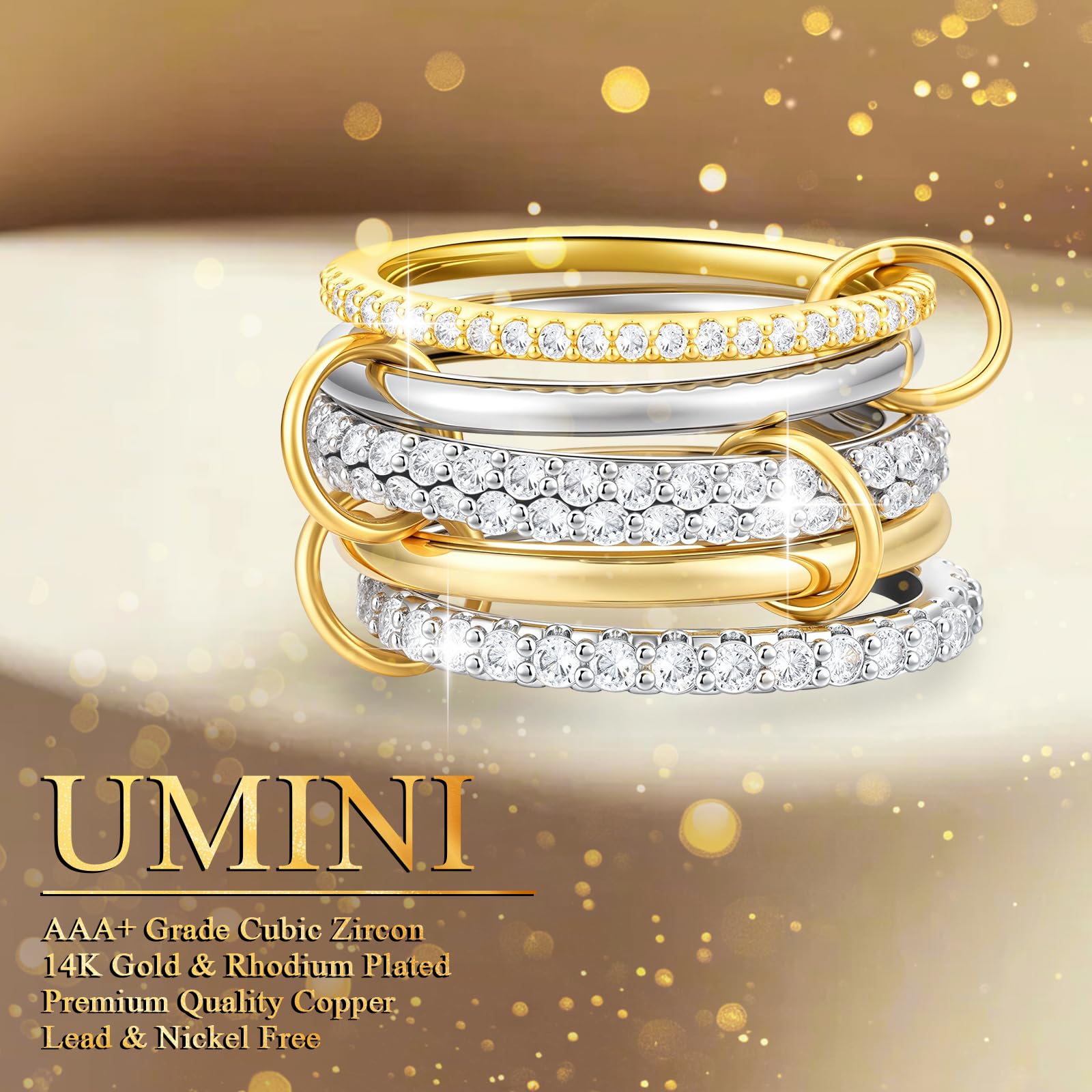 Umini 18K Gold plated Stackable Rings For Women Silver And Gold Stackable Ring Set Cubic Zircon Mixed Metal Rings For Engagement Wedding Birthday Valentine's Day Mother's Day Gift