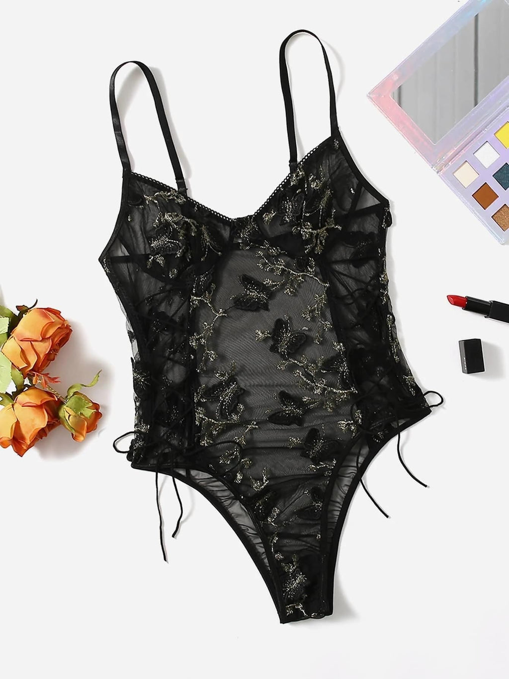 Lilosy Women Sexy Lace Up Floral Embroidered Teddy Babydoll Lingerie Bodysuit Top Mesh Sheer One Piece See Through Butterfly Black Medium