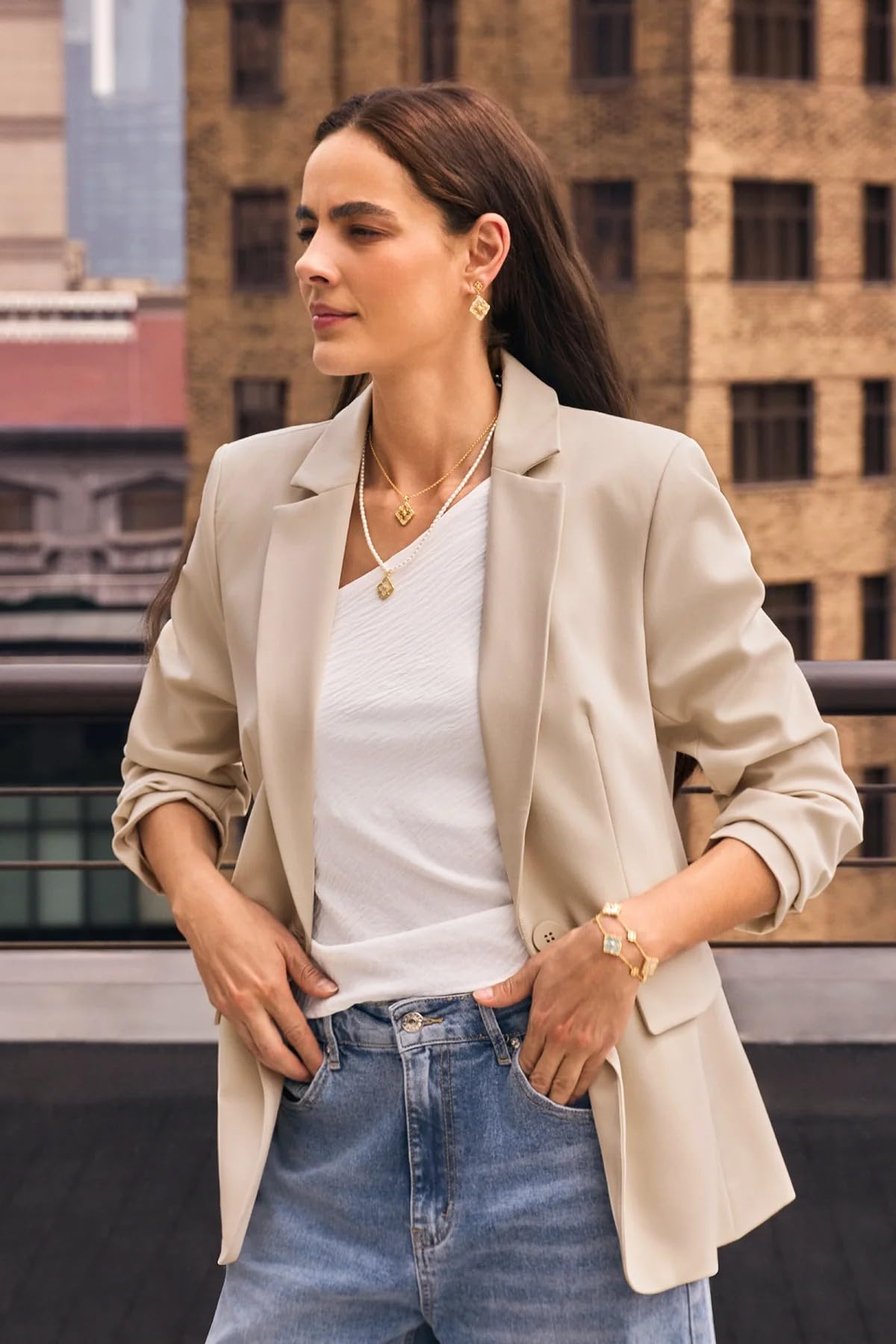 Cicy Bell Womens Casual Blazers Open Front Long Sleeve Work Office Suit Jackets Blazer(Khaki,Medium)