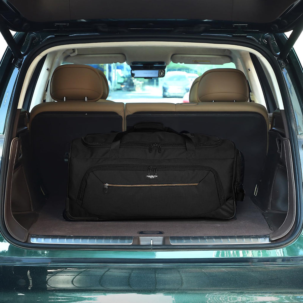 TONRUYN Large Rolling Duffle Bag with Wheels and Handle 85L 29 inch Travel Duffel Bag for Men Women with Shoe Compartment & Wet Pocket, 2 Wheeled Checked Luggage for Business Travel Long Trips, Black