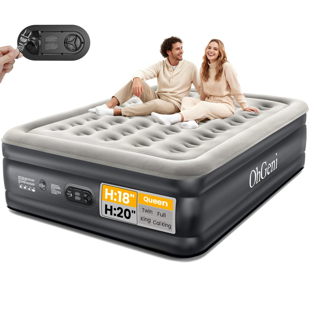 OhGeni Queen Air Mattress with Built in Pump, Inflatable Mattress Blow Up Mattress 18 Raised Comfort,Upgraded Surface Portable Bed, Air Bed for Home, Guest, Camping, Colchone Inflable, 650 lbs