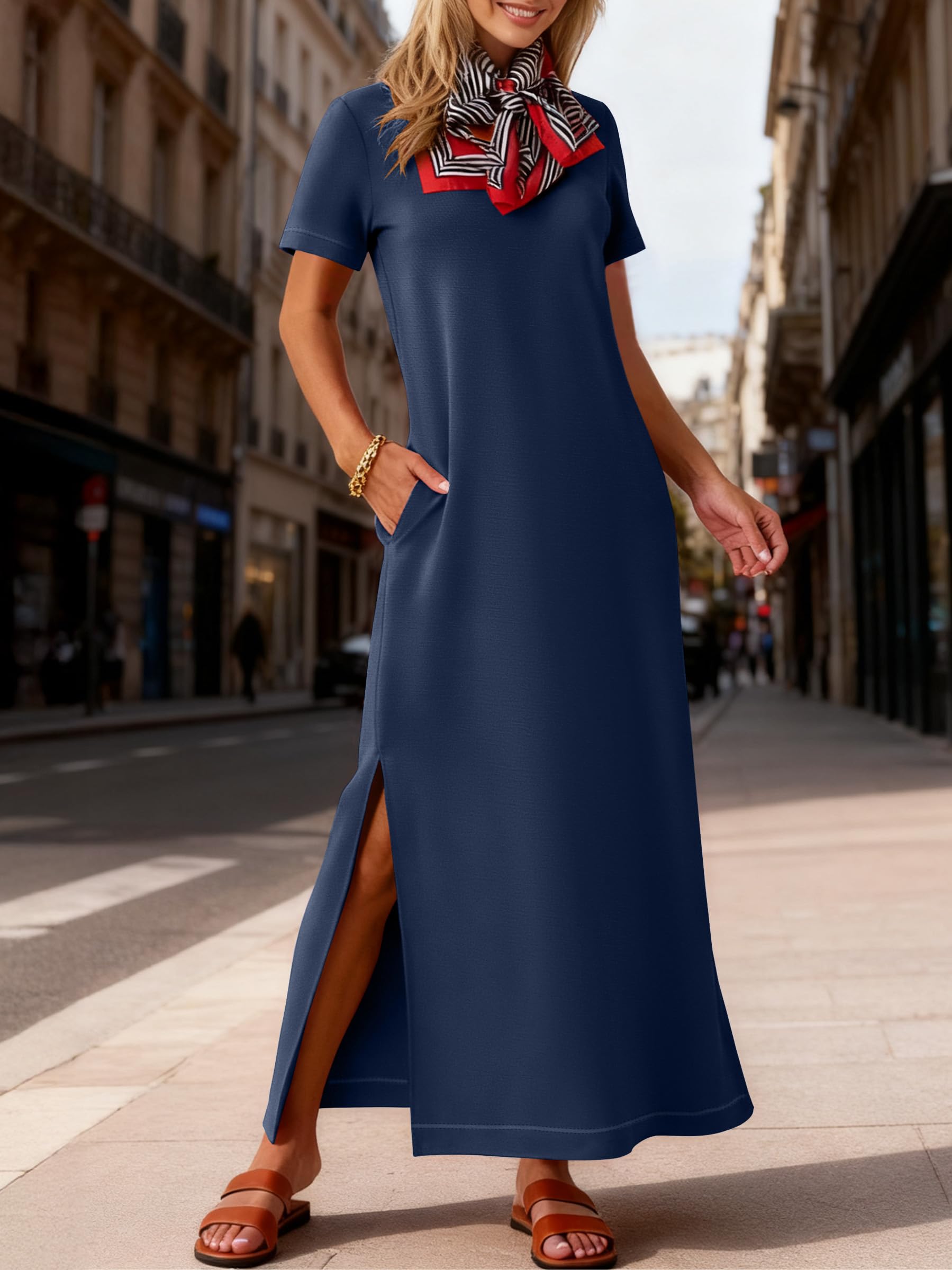 ANRABESS Womens Summer Casual Maxi Dress Short Sleeve Crewneck Split Wrinkle-Free Travel Long Sundress Beach Vacation Clothes Navy Blue Large