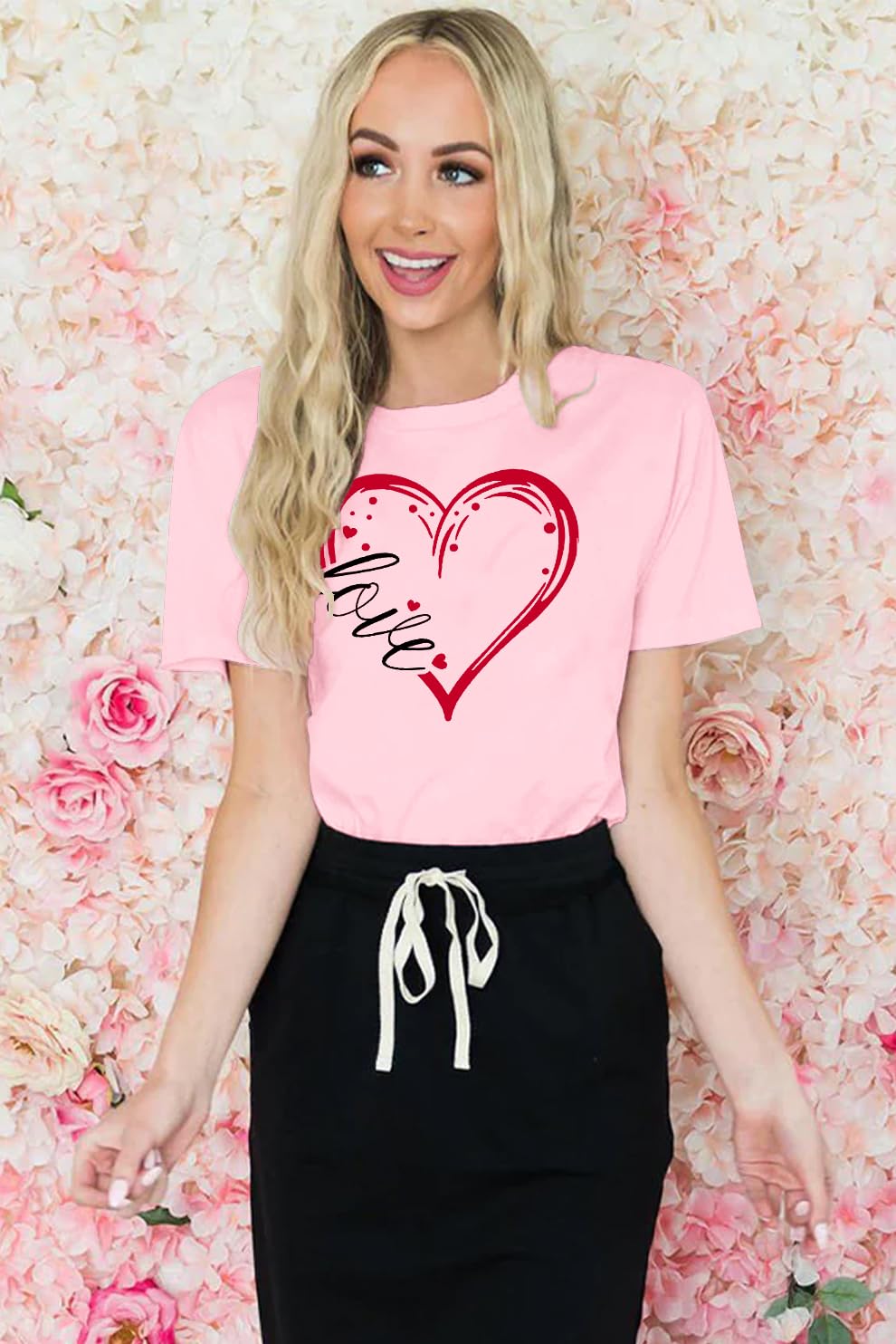 Womens Valentines Shirts Cute Love Heart Tshirts Funny Teen Girl's Valentine's Short Sleeve E-Pink