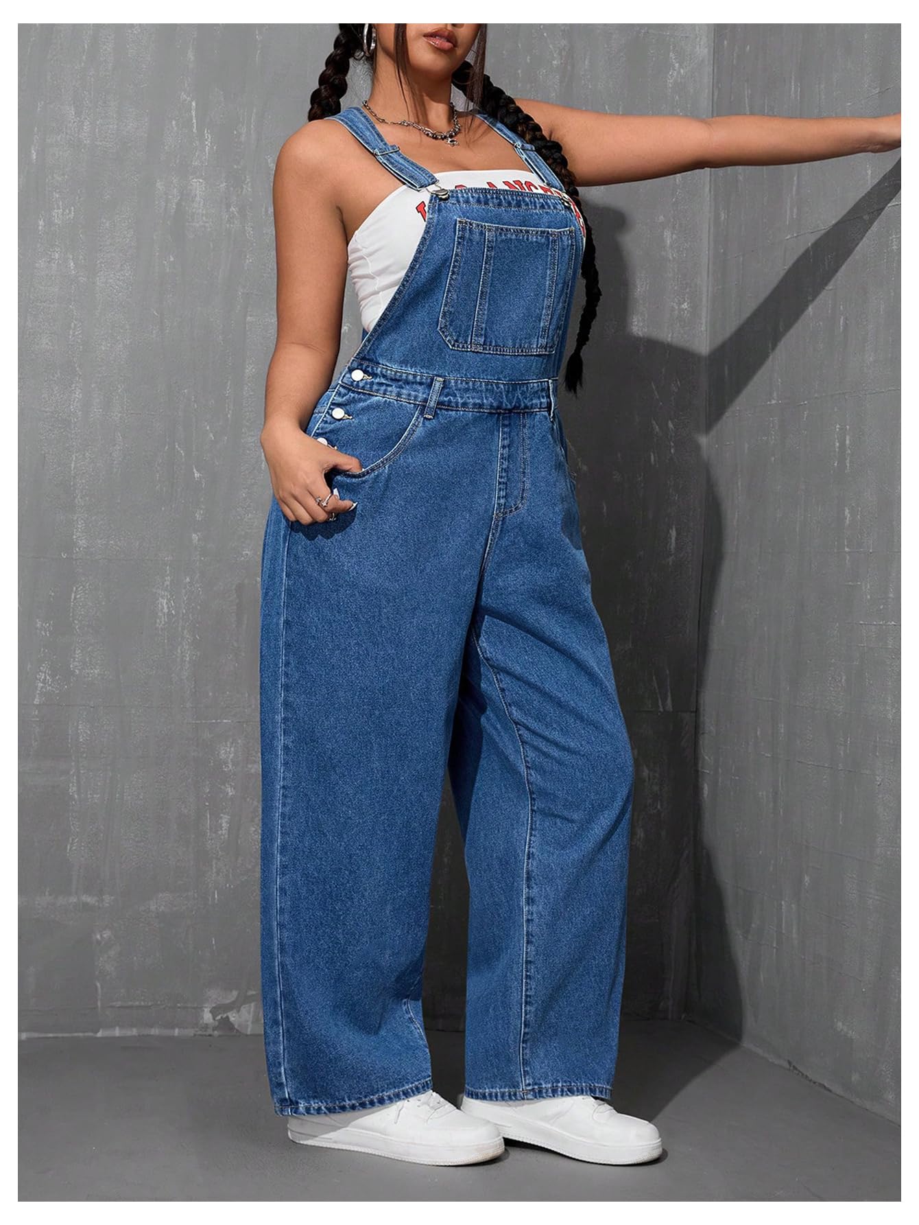 WDIRARA Women's Plus Size Denim Overall Straight Leg Jean Jumpsuit with Pockets Dark Wash 4X-Large Plus
