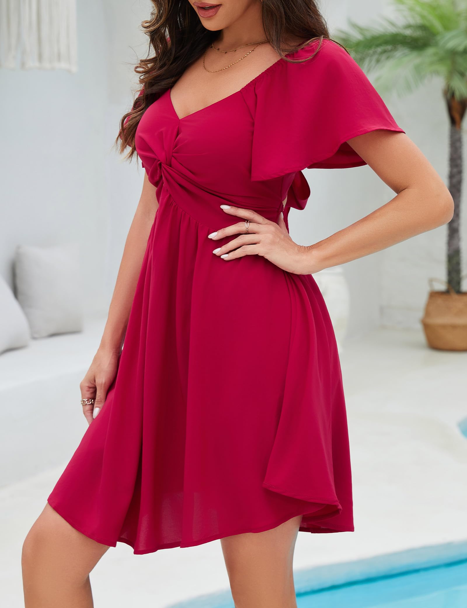 Florboom Women's Summer Square Neck Flowy Mini Dress Chiffon Short Sleeve Swing Sexy Backless Dresses (Red, S)
