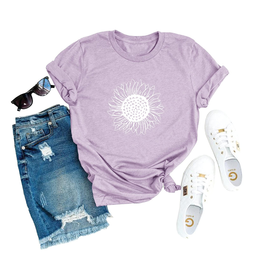 MaQiYa Womens Cute Sunflower Graphic Printed Tee Shirts Vintage Short Sleeve Cotton Shirts Tops (Purple,X-Large)