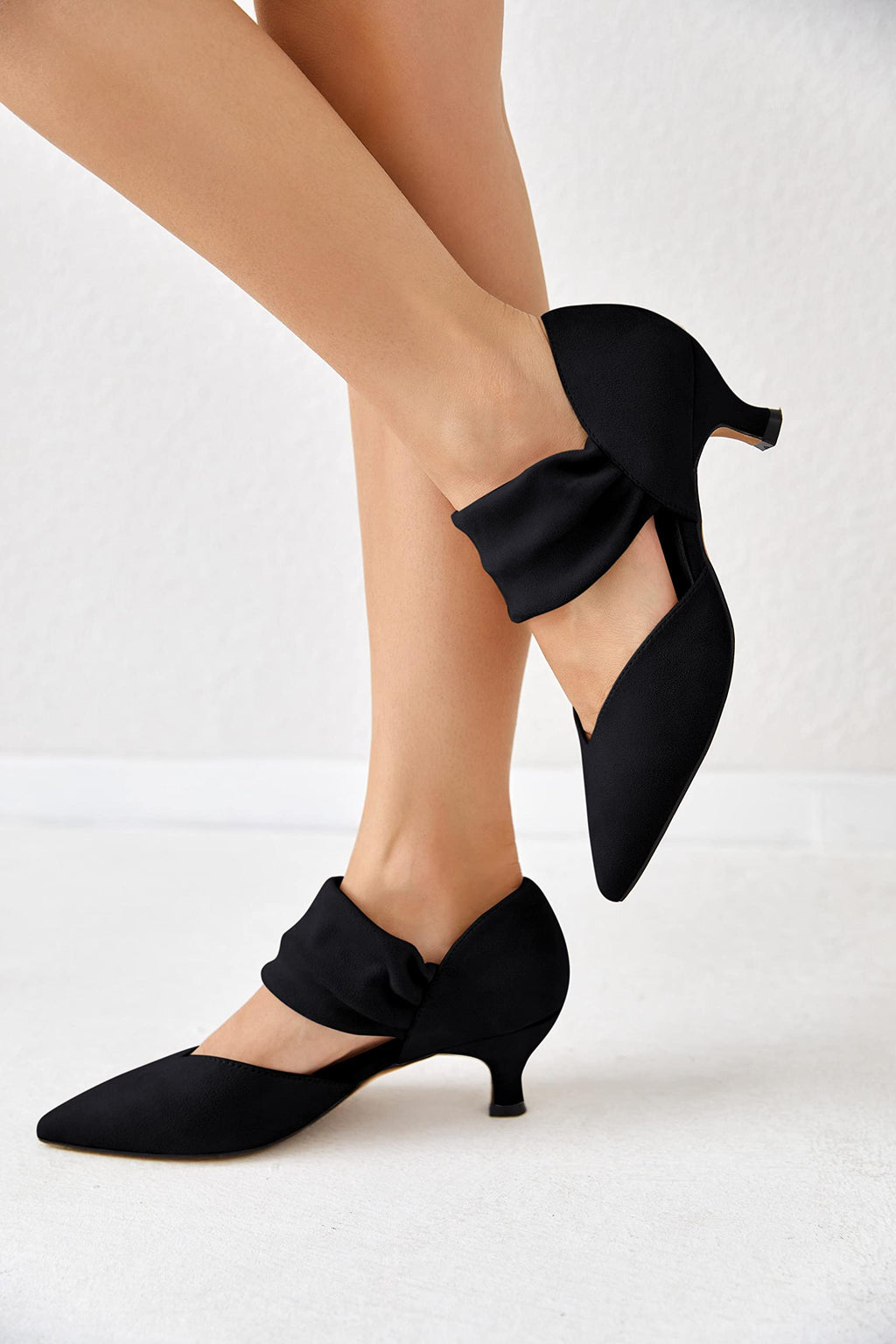Coutgo Womens Low Kitten Heel Dress Shoes Pointed Toe Slip on Ankle Strap Cutout Elegant Party Wedding Pumps, Black, Size 8