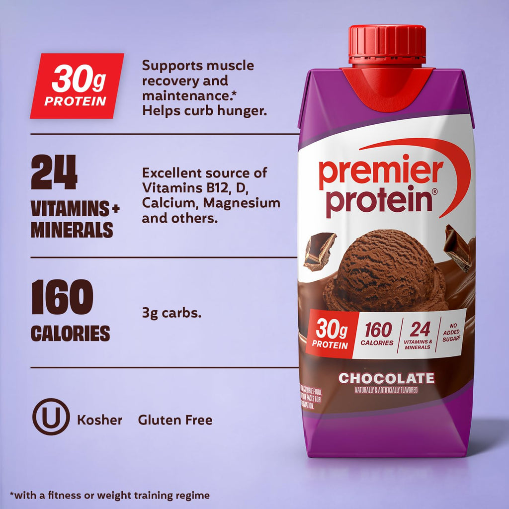 Premier Protein Shake, Chocolate, 30g Protein, No Added Sugar, 24 Vitamins & Minerals to Support Immune Health, 11 fl oz, 12 Pack (Packaging May Vary)