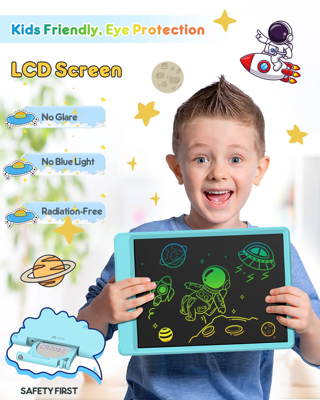 FLUESTON LCD Writing Tablet, Doodle Board Toys Gifts for 3-8 Year Old Girls Boys, 10 Inch Colorful Electronic Board Drawing Pad for Kids, Christmas Gifts for Toddler Educational Learning Travel, Blue