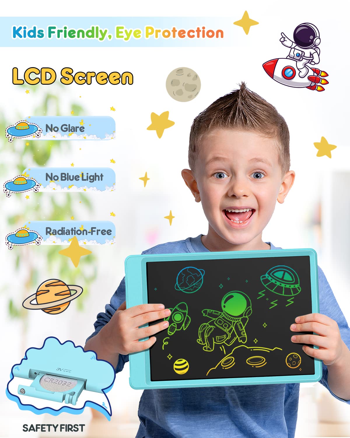 FLUESTON LCD Writing Tablet, Doodle Board Toys Gifts for 3-8 Year Old Girls Boys, 10 Inch Colorful Electronic Board Drawing Pad for Kids, Christmas Gifts for Toddler Educational Learning Travel, Blue