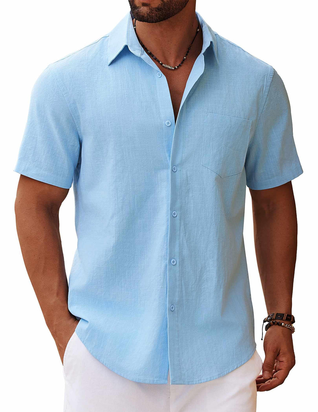 COOFANDY Mens Short Sleeve Button Down Shirt Summer Beach Outfit Yoga Tee Clear Blue