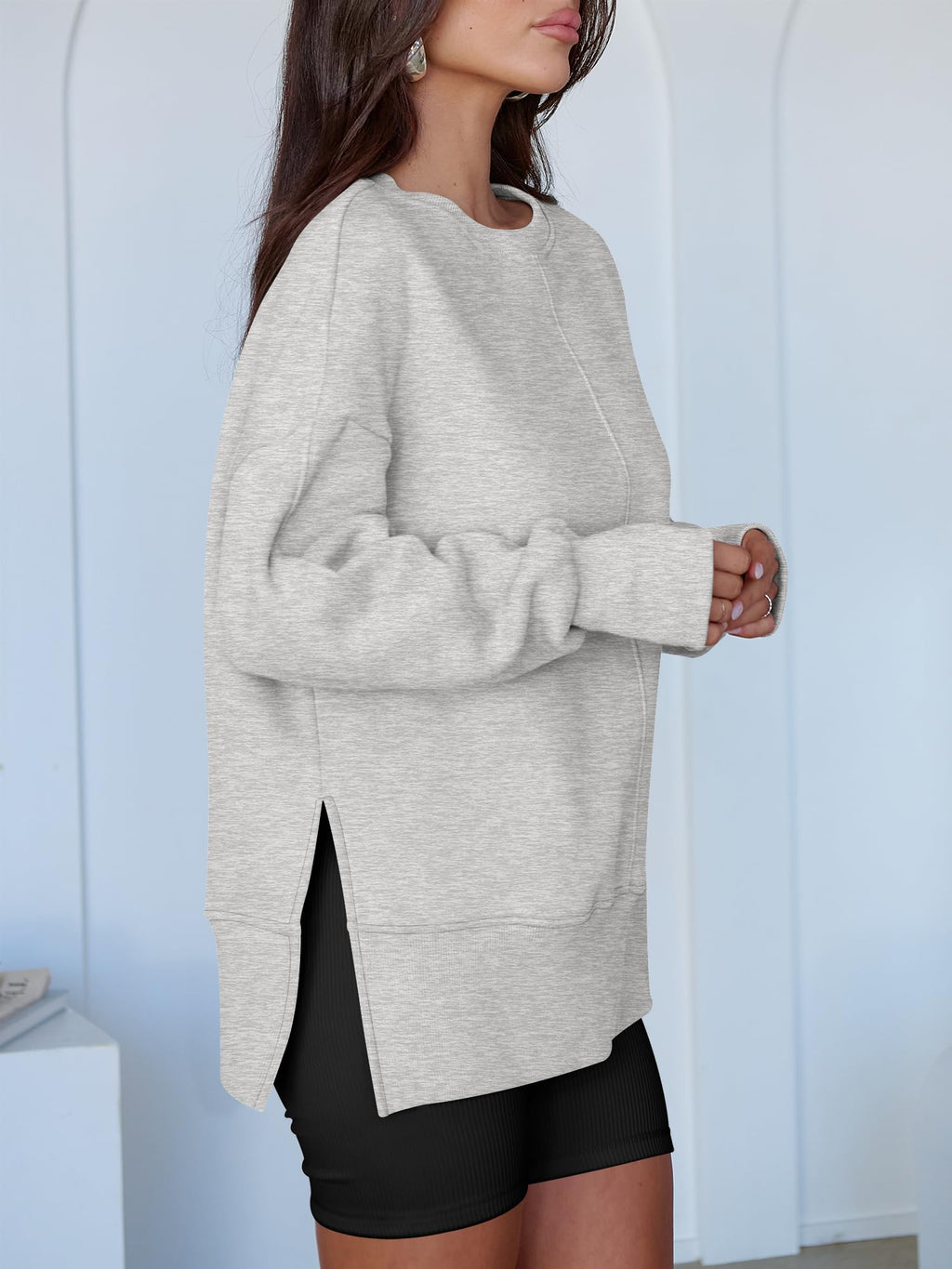 ANRABESS Women Oversized Sweatshirts Thumbhole Long Sleeve Hoodies Shirts 2025 Fall Side Slit Pullover Top Teen Y2k Outfits Grey X-Large