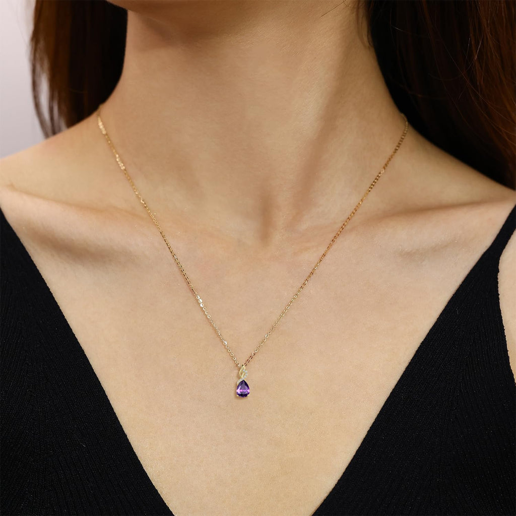 FANCIME Amethyst Necklace 14K Solid Yellow Gold Teardrop Pendant with Diamond February Birthstone Necklace Gifts Jewelry for Mom Women