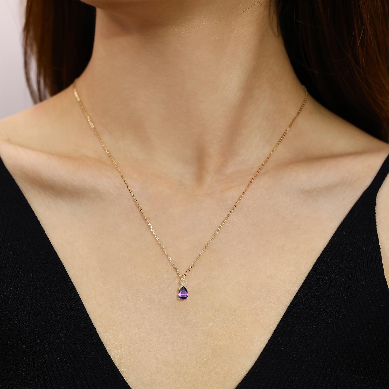 FANCIME Amethyst Necklace 14K Solid Yellow Gold Teardrop Pendant with Diamond February Birthstone Necklace Gifts Jewelry for Mom Women