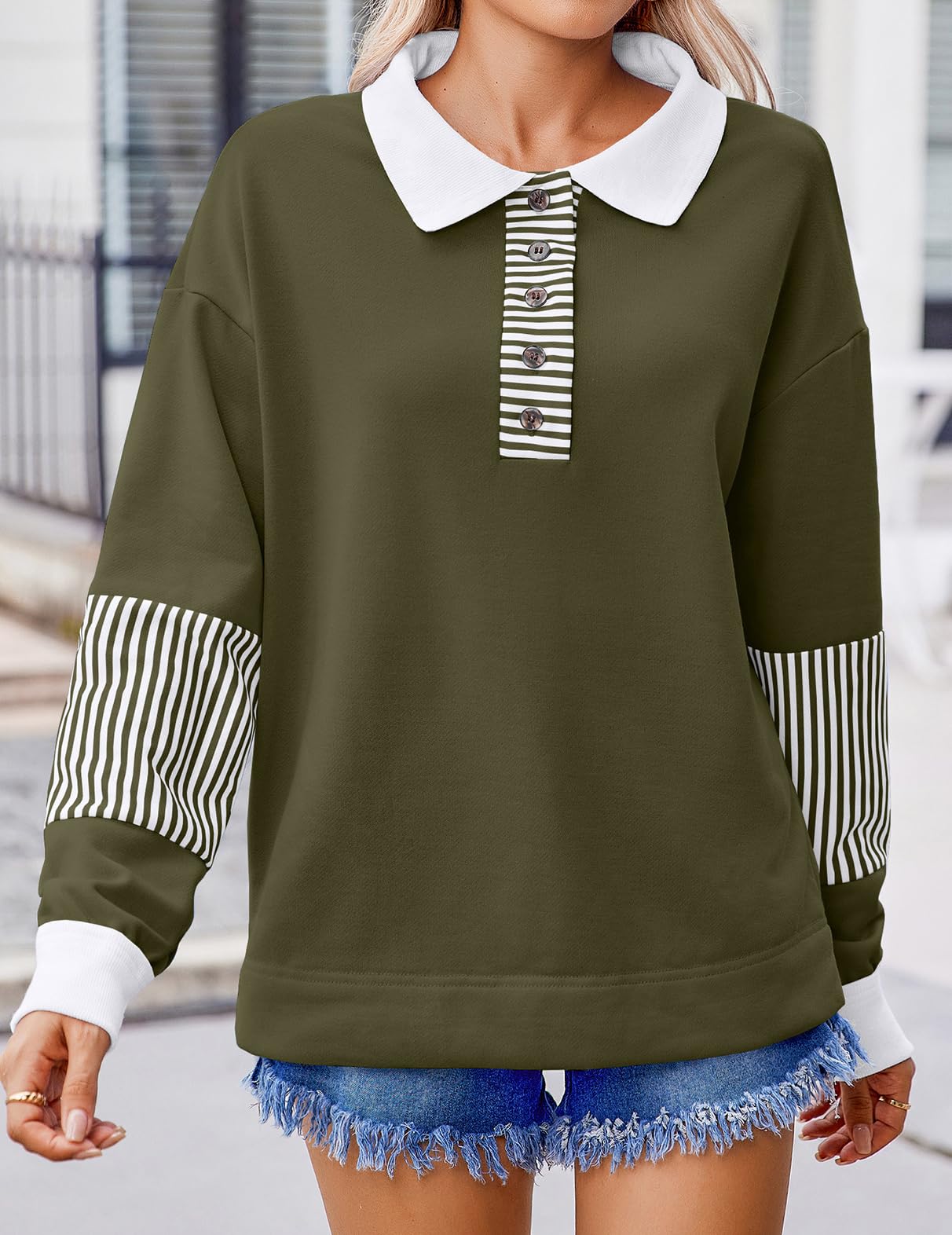 Zeagoo Fall Sweatshirts for Women Button Up Tops Henley V Neck Pullover Casual Comfy Shirts Outfits Clothes 2025 Army Green M