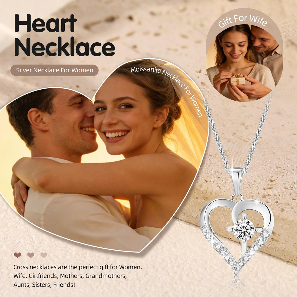 Cross Necklaces for Women Anniversary Birthday Gifts for Wife Women Silver Necklace for Women Cross Necklaces for Her Heart Necklace for Women Wife Card S925 Sterling Silver Jewelry for Women