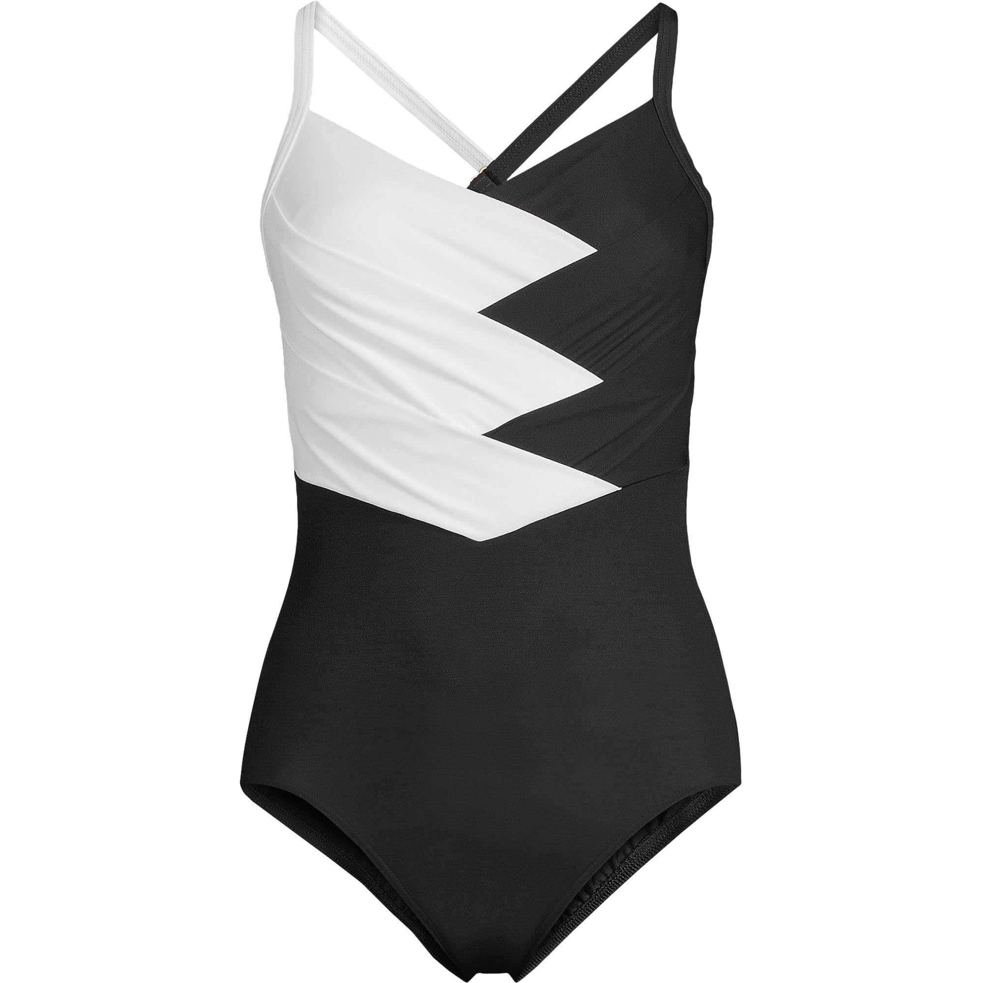 Lands' End Women's New SlenderSuit Pleated Low Leg One Piece Swimsuit 10 Black/White